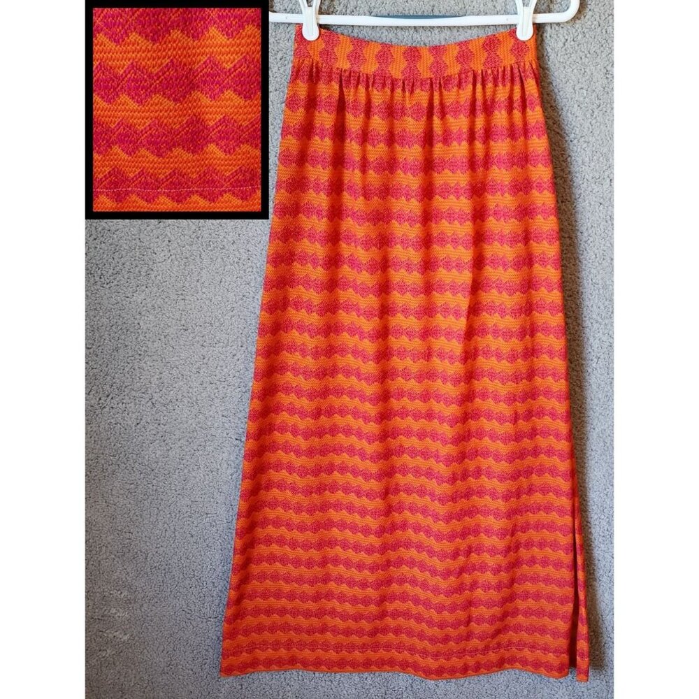 Vintage 60s Women's Handmade Unlined Maxi Skirt Side Slit Orange/Pink Knit Sz XS